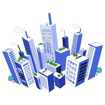 A bustling city skyline filled with numerous high-rise buildings. Each building features various architectural designs, with a few smokestacks visible atop several structures, emitting plumes of smoke. The rooftops of some buildings showcase vibrant areas filled with greenery, including potted plants and small trees. The skyline extends into the distance, creating a dynamic urban landscape. The contrast between the industrial smokestacks and the lush greenery creates a striking visual representation.