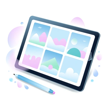 A digital portfolio displayed on a sleek tablet screen, showcasing a grid of thumbnails featuring various artworks. Each thumbnail represents a different piece, displaying a range of styles including abstract shapes, vibrant landscapes, and intricate illustrations. The background is softly blurred, emphasizing the clarity of the artworks. A stylish stylus rests next to the tablet, hinting at the artist's creative process. A warm, ambient light casts subtle shadows, creating depth and focus on the digital portfolio.