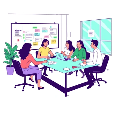 A group of five professionals are sitting around a large rectangular glass table in a modern office space. The table is cluttered with various colorful notepads, pens, and a laptop open displaying a presentation. There are two women and three men, each engaged in discussion, with one woman taking notes on a teal notepad. The walls of the office are adorned with motivational quotes in white frames. Large windows provide natural light, and there are potted green plants placed around the room, enhancing the professional atmosphere. A whiteboard behind them is filled with colorful diagrams and sticky notes depicting various ideas.