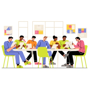 A bright room with large windows allowing natural light to flood in. Several participants are seated at round tables, each focused on completing a "feedback form" on clipboards. The participants, a diverse group of men and women of various ages and ethnicities, show expressions of concentration. Some have pens in hand, while others are discussing their thoughts with nearby peers. In the background, colorful posters of creative projects from the workshop are displayed on the walls, adding to the vibrant atmosphere.