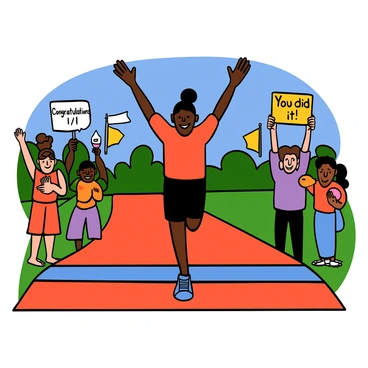 A person with light skin and short black hair is crossing the finish line of a race, arms raised in triumph. They are wearing a red athletic shirt and black running shorts. In the background, a group of friends with various skin tones and hairstyles are cheering enthusiastically, some holding signs that say "Congratulations!" and "You did it!" The setting is a sunny day with a clear blue sky and a track lined with colorful banners. The atmosphere conveys excitement and celebration.