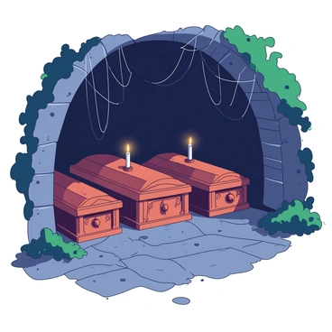 An eerie crypt beneath the castle features stone walls covered in patches of moss and ivy. Shadows flicker around ancient coffins that are lined up in neat rows, each adorned with intricate carvings. The faint glow of candlelight casts a warm orange hue across the stone floor, illuminating the dust particles suspended in the air. Cobwebs drape from the arched ceiling, adding to the atmosphere of age and mystery. A few delicate candles sit atop the coffins, their flames dancing gently in the cool, damp air of the crypt.