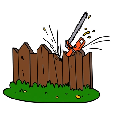 A chainsaw with a bright orange body and a shiny blade is actively cutting through a worn-out wooden fence in a yard. The fence is made of weathered brown planks, some of which are splintered and peeling. The background features patches of overgrown grass and a few scattered leaves, indicating an unkempt garden. Splinters and dust are flying from the point of contact between the chainsaw and the fence. The scene conveys a sense of action and tension as the chainsaw bites into the wood.