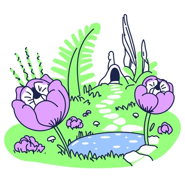 A magical scene with oversized flowers and plants in a fairy tale setting.