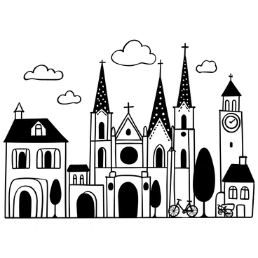 A detailed depiction of "Annecy's historic church" showcasing its unique architectural features. The church has tall, pointed spires and intricate stonework on the facade. Surrounding the church, there are cobblestone streets lined with quaint buildings. A large clock tower is visible next to the church, emphasizing its historical importance. In the foreground, there are a few bicycles parked, and trees are scattered throughout the scene, providing a sense of the environment. The sky above is filled with soft clouds, adding depth to the scene.