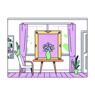 A room with light-colored walls and a wooden floor is featured in the image. In the center of the room, there is a large painting framed in a decorative gold frame. The painting depicts the same room, with the same walls and floor, creating a visual repetition. The original room contains a wooden table with a vase holding a bouquet of purple and green flowers. A comfortable chair is positioned beside the table, and a small bookshelf is visible against one wall, filled with various books. Soft light filters through a window, highlighting the painting and the interior details.