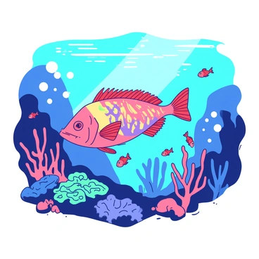 A colorful grouper is swimming gracefully through a beam of "rainbow" light underwater. The grouper's scales are shimmering with various hues as it moves through a vibrant coral reef filled with "teal" corals and "red" sea anemones. Tiny fish are darting around the grouper, adding to the lively atmosphere of the scene. Bubbles are rising to the surface, creating a sense of movement and life in the underwater world.