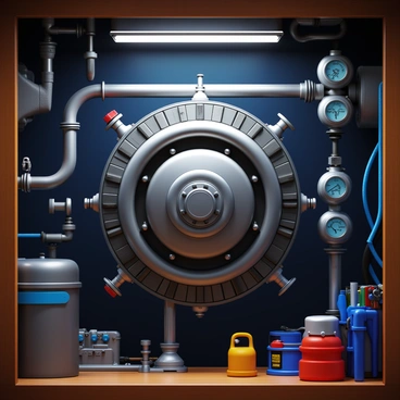 A ship's engine room filled with various mechanical components. The centerpiece is a robust marine heat exchanger system, with multiple metal pipes and valves connected to it. The heat exchanger is constructed from shiny metal, showcasing intricate details and textures. Surrounding the system are other machinery elements, such as pumps and gauges, with visible wires and control panels. Dim lighting creates shadows, emphasizing the industrial nature of the space. Various tools and maintenance equipment are organized on a nearby workbench, adding to the functional atmosphere of the engine room.