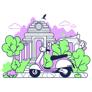 A moped is parked on a stone path outside an ancient temple. The temple features intricate carvings and columns, surrounded by lush greenery. In the background, majestic mountains rise against the sky, partially shrouded in mist. The moped has a streamlined design, with a sleek body and a shiny finish. Flowering plants with broad leaves frame the scene, adding to the vibrant atmosphere. A few birds are perched on the temple's roof, while a gentle breeze rustles the leaves of nearby trees.