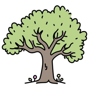 An ancient oak tree with a thick trunk and wide-spreading branches, covered in lush green leaves. The bark of the tree is rough and textured, showcasing deep grooves and knots. The ground beneath the tree is littered with fallen leaves and acorns, while a few wildflowers peek through the underbrush. Sunlight filters through the branches, casting dappled shadows on the ground, creating an atmosphere of tranquility and strength.