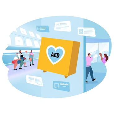 An Automatic External Defibrillator (AED) is positioned prominently on a wall within a bustling airport terminal. The AED is housed in a bright yellow case that is easily visible. Surrounding the AED are various signs indicating its purpose, including clear instructions on how to use it. In the background, travelers are seen moving briskly, some with luggage, while others are checking flight information displayed on screens. The terminal features high ceilings and large windows, allowing natural light to filter in, creating a welcoming atmosphere.