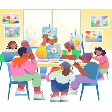 A bright and colorful classroom filled with children engaged in an art class. The walls are adorned with various children's artworks, showcasing vibrant colors and imaginative designs. In the center, a large table is covered with drawing materials, including markers, colored pencils, and sheets of paper. Children of diverse backgrounds are sitting around the table, some focused on their creations, while others are sharing ideas. One child, with curly hair, is holding up a blue drawing that features whimsical characters. Another child, with glasses, is intently adding details to a picture of a fantastical landscape. There are easels set up around the room, displaying unfinished pieces of artwork, and a window lets in warm sunlight, illuminating the lively atmosphere.