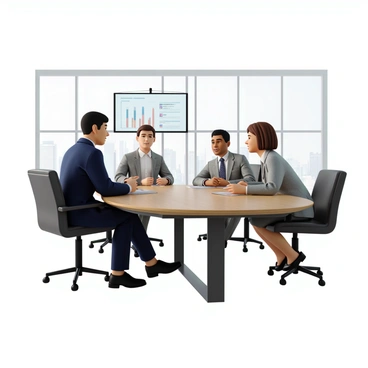 A procurement officer with short black hair, wearing a tailored navy blue suit and a white shirt, sits at a sleek wooden conference table. Across from him, a supplier with wavy brown hair, dressed in a light gray blazer and a patterned tie, leans forward. The modern office features large windows with a view of the city skyline, allowing natural light to fill the space. A digital screen behind them displays charts and graphs related to sales and procurement. Both individuals have notepads and pens in front of them, indicating an engaged discussion. The overall ambiance is professional and focused.