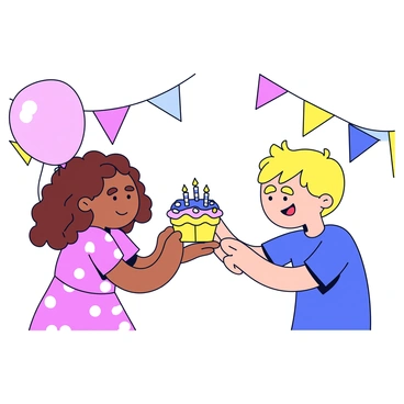 Two children, a girl and a boy, are reaching for the same colorful cupcake at a birthday party. The girl has curly brown hair and is wearing a pink dress with white polka dots. The boy has short blonde hair and is dressed in a blue t-shirt. The cupcake is topped with vibrant frosting, sprinkles, and a small birthday candle. In the background, there are festive balloons and decorations, creating a cheerful atmosphere.