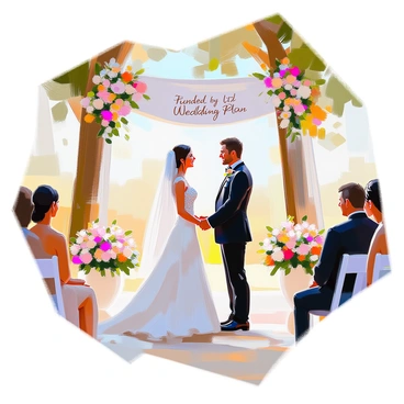 A couple stands at the center of an outdoor wedding venue, both beaming with joy. The bride is wearing an elegant white wedding gown with intricate lace details, while the groom is in a classic black tuxedo with a crisp white shirt. Their hands are intertwined, symbolizing their unity. Above them, a decorative banner drapes gracefully from two tall trees, featuring the words "Funded by LIC Wedding Plan" in bold, elegant font. Surrounding the couple are colorful floral arrangements and soft greenery, enhancing the celebratory atmosphere. Guests are seated on either side, watching the ceremony unfold with smiles on their faces.