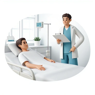 A nurse, wearing blue scrubs and a white lab coat, stands beside the bed while holding a clipboard. She is explaining a medical procedure with a confident expression, using one hand to gesture and the other hand resting on the bed's railing. The patient, a middle-aged man with short brown hair, is sitting up in bed, wearing a hospital gown and looking attentive, with a slight frown of concentration on his face. The hospital room is well-lit, with medical equipment visible in the background, including an IV stand and a monitor displaying vital signs. A potted plant is on the windowsill, adding a touch of warmth to the environment.