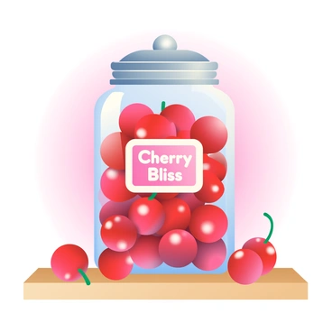 A clear glass jar filled to the brim with bright red cherry-flavored candies. The candies are shiny and rounded, reflecting light in various directions. The jar has a silver metal lid on top, and a small label on the front reads "Cherry Bliss" in white font. The background is a soft gradient, shifting from light pink at the top to white at the bottom. The jar sits on a wooden table, with a few candies spilled around it, creating a vibrant contrast against the natural wood grain.