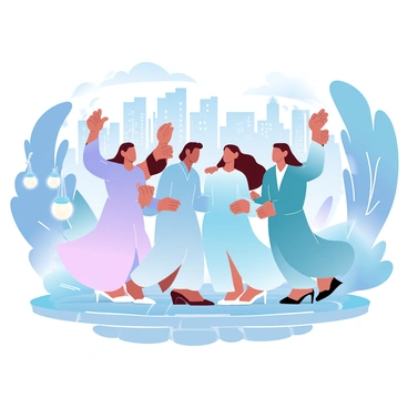 A group of friends is gathered together in an urban setting, each wearing elegant evening kaftans in various vibrant colors and patterns. The kaftans flow gracefully as they stand close together, laughing and interacting. The city skyline is visible in the background, illuminated by bright lights. Tall buildings create a dramatic atmosphere, while the ground is adorned with cobblestones. Decorative lanterns hang from nearby trees, casting a warm glow. One friend is raising a drink, while another is playfully adjusting the sleeves of their kaftan. The overall scene is lively and filled with energy, showcasing the joy of friendship during a night out.