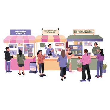 A digital flat illustration of a vibrant marketplace bustling with activity. Various entrepreneurial stalls are set up, each showcasing a different unique invention. One stall has a bright blue banner displaying "Innovative Gadgets," with a variety of colorful tech devices on display, including a small drone and a solar-powered charger. Next to it, another stall features "Handcrafted Creations," adorned with handmade jewelry and intricate pottery. A third stall presents "Eco-Friendly Solutions," displaying reusable bags and bamboo kitchenware. The marketplace is filled with people interacting, with a diverse group of customers examining the inventions. Colorful awnings cover the stalls, and potted plants are placed at their bases for a lively touch.