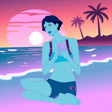 A person with medium skin tone and short hair is sitting on a sandy beach during sunset. They are wearing casual beach attire, consisting of a light tank top and swim shorts. The vibrant sky is filled with shades of orange, pink, and purple as the sun sets on the horizon. The individual is focused on their smartphone, holding it in one hand while slightly leaning forward. The background features gentle waves lapping at the shore and silhouettes of distant palm trees, but their attention is solely on the screen of their phone.