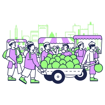 A bustling marketplace filled with activity during ancient times. In the foreground, a group of traders is gathered, each dressed in traditional garments. Some men are pushing carts loaded with durians, their spiky green exteriors clearly visible. The carts are made of wood, with intricate carvings, and each trader displays a unique expression of focus and determination as they navigate through the crowd. Surrounding them, various stalls are filled with other goods, including colorful fabrics and fruits. The atmosphere is vibrant, with a clear sense of commerce and community. In the background, ancient buildings with distinctive architecture rise against the sky, adding to the historic ambiance of the scene.