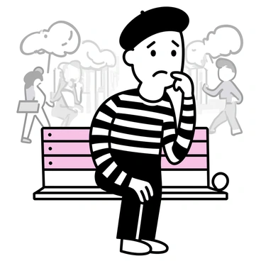 A mime, wearing a classic black and white striped shirt, black pants, and a black beret, is sitting on a wooden bench. His facial makeup features white paint with exaggerated expressions, and he has a sad expression on his face. He has one hand placed on his chin in a thoughtful pose while watching the scene around him. The background includes a blurred representation of trees and people walking, emphasizing his role as an observer of the lively urban environment.