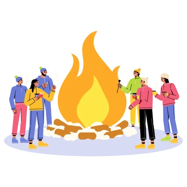 A large bonfire with bright orange flames flickering and crackling. Snow blankets the ground around the bonfire, creating a contrast between the warm glow and the cold environment. Several people are gathered around the bonfire, wearing colorful winter clothing, such as red and blue jackets, and knitted hats. Their faces are illuminated by the firelight as they smile and talk to each other. A few people are holding mugs of steaming hot drinks, while others are roasting marshmallows on sticks above the flames. The scene conveys a sense of community and warmth amidst the winter chill.