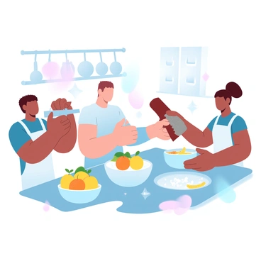 A group of three people is gathered around a kitchen countertop, each engaged in the process of preparing dishes with yuzu. One person is grating yuzu zest into a mixing bowl while another is slicing yuzu fruit on a cutting board. The third person is mixing ingredients in a large bowl, surrounded by various cooking utensils. Brightly colored yuzu fruits are placed in a bowl nearby, adding vibrancy to the scene. The kitchen is equipped with modern appliances and has a warm, inviting atmosphere, with ingredients and cooking tools neatly arranged around them.