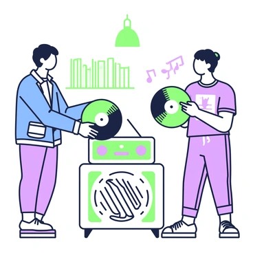 Two music lovers are standing facing each other, exchanging vinyl records. One person is wearing a denim jacket with patches, while the other is dressed in a graphic t-shirt and casual pants. Each of them holds a vinyl record in their hands, showcasing the album covers. In the background, there is a vintage radio with dials and knobs, with sound waves subtly emanating from it. The setting captures a relaxed atmosphere, with shelves of vinyl records lining the walls. A soft light illuminates the scene, creating a warm ambiance.