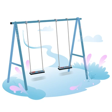 A deserted playground is visible with a set of rusted swings swaying gently in the wind. The swings are mounted on a weathered metal frame, with peeling paint revealing the rust underneath. Surrounding the swings, there are overgrown patches of grass and weeds that have sprouted through the cracks of the pavement. In the background, a pair of empty slides stand tall, their colors faded and chipped. A distant view of a concrete path winds through the playground, lined with scattered leaves. The overall atmosphere conveys a sense of abandonment and stillness.