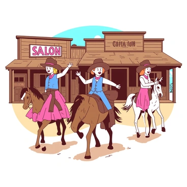 A vibrant scene depicts children dressed as cowboys and cowgirls riding ponies through a bustling Wild West town. The cowboys are wearing brown hats and denim vests, while the cowgirls sport colorful skirts and matching hats. The ponies are small and sturdy, with one being a brown pony and the other a white pony. The town features wooden buildings with signs hanging from the porches, and a dusty main street where the children's laughter fills the air. In the background, a wooden saloon with a swinging door stands prominently, completing the lively Western atmosphere.