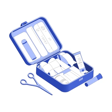 An open first aid kit on a white surface, displaying a variety of essential supplies. Inside the kit, there are neatly arranged bandages in different sizes, tubes of ointments, and a pair of scissors. The bandages are rolled and some are in individual packets. The ointment tubes are labeled and positioned next to the bandages. The scissors are metallic, with a slightly curved blade, resting beside the other supplies. The interior of the kit is organized, allowing for easy visibility of each item.