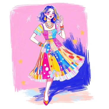 A model is posing confidently on a simple backdrop, wearing a quirky, mismatched dress that features bold patterns and vibrant colors. The dress has a fitted bodice and a flared skirt, showcasing an array of stripes, polka dots, and floral designs. Playful accessories adorn the look, including a chunky necklace with oversized beads, colorful bangles on one wrist, and oversized, whimsical earrings shaped like stars. The model's hair is styled in loose waves, and she wears bright, cheerful makeup that complements her outfit. She stands on one leg playfully, adding to the fun vibe of the ensemble.