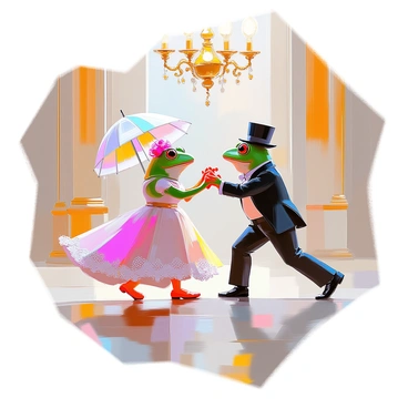 A pair of frogs dressed in intricate Victorian attire is gracefully waltzing in a grand ballroom. The male frog wears a tailored dark coat with a white cravat and a small top hat, while the female frog is adorned in a flowing gown of pastel colors, complete with lace details and a delicate parasol. They are mid-dance, their bodies poised elegantly, with the ballroom featuring ornate chandeliers overhead and gilded decorations along the walls. The polished floor reflects their vibrant outfits as they glide smoothly across the room.