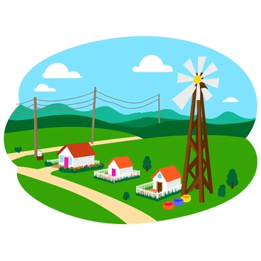 A small rural community features a tall wooden windmill with white blades gently rotating in the breeze. Nearby, a series of power lines stretch across the landscape, their poles standing tall against a clear blue sky. The community is surrounded by lush green fields dotted with small houses, each with colorful gardens filled with blooming flowers. A dirt road winds through the village, leading to a cluster of homes and a few trees providing shade. In the distance, rolling hills create a picturesque backdrop.