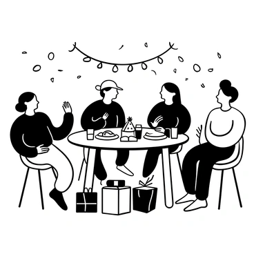 A group of friends gathered around a table laden with holiday snacks and drinks. Each person is wearing a denim blouse, and they are engaged in animated conversation. Some are leaning in towards each other, while others are gesturing expressively, creating an atmosphere of joy. Streamers and holiday decorations hang in the background, enhancing the festive vibe of the gathering. A few party hats are placed on the table, and a small stack of wrapped gifts is visible nearby.