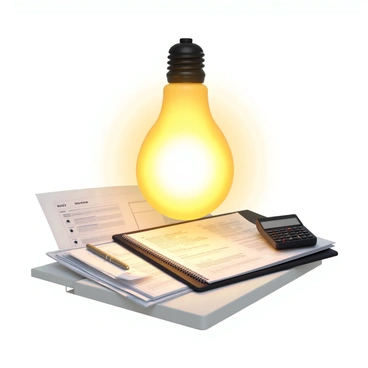 A glowing lightbulb suspended above a neatly organized desk. The lightbulb emits a warm, bright light that casts a soft glow over the scene. The desk is cluttered with various audit documents, including spreadsheets and reports, all meticulously arranged. A pen lies next to a notepad, and a calculator is positioned beside a stack of papers. The overall atmosphere conveys a sense of inspiration and clarity, as the lightbulb symbolizes a breakthrough in understanding or insight.