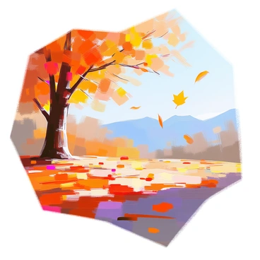 A wide plateau covered with a rich tapestry of vibrant autumn leaves. The leaves are in shades of red, orange, and yellow, creating a colorful carpet on the ground. Several leaves are caught in the gentle breeze, gracefully falling from the trees that line the edge of the plateau. The sky is clear, allowing sunlight to filter through the leaves, illuminating the scene with a warm glow. In the distance, a range of mountains can be seen, partially obscured by a light haze.