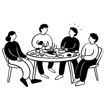 A family gathered around a wooden table, sharing a meal with various plates of food on it. The table is adorned with a checkered tablecloth and a centerpiece of flowers. One family member is pouring drinks from a pitcher, while another is serving food onto a plate. Laughter is indicated by the body language of the family members, who are leaning towards each other and gesturing animatedly. Various utensils and glasses are scattered across the table, creating a lively dining atmosphere.