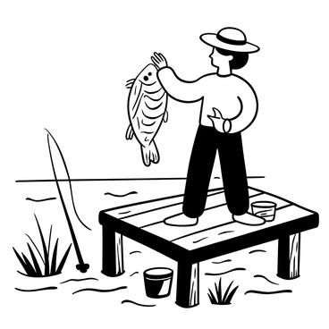 An angler wearing a wide-brimmed hat is standing on an old wooden dock, holding a striped bass with one hand. The dock has weathered wooden planks, with some boards showing signs of wear and texture. Nearby, fishing gear is scattered, including a fishing rod resting against the dock and a bucket partially filled with water. The background features gentle ripples in the water and a few reeds swaying at the water’s edge. The overall composition captures the essence of a serene fishing day in a vintage style.