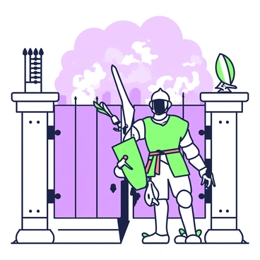 A soldier stands confidently at the gates of a besieged city. He is dressed in armor, with a helmet that partially obscures his face. In his right hand, he holds a sword, poised and ready, while his left rests on the hilt of a dagger at his belt. The gates behind him are large and imposing, made of heavy wood reinforced with metal. An array of arrows and a wooden shield hang nearby. The atmosphere is tense, with distant smoke rising in the background, hinting at ongoing conflict. The sky above is filled with dark clouds, setting a dramatic backdrop for the scene.