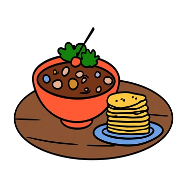 A bowl of thick, hearty chili filled with beans, ground meat, and diced tomatoes, garnished with fresh cilantro on top. Next to the bowl, there is a small plate piled high with crisp saltine crackers. The bowl is ceramic with a vibrant red color, contrasting with the warm brown tones of the chili. The setting is a wooden table, adding a rustic touch to the presentation.