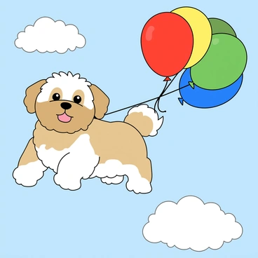 A Shih Tzu floating gently in the air, holding onto a bundle of colorful balloons