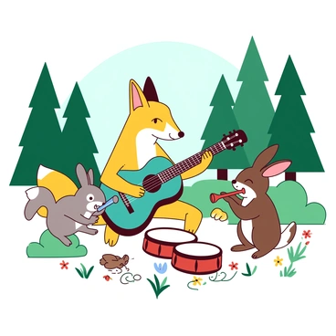 A yellow fox is playing a teal acoustic guitar in a woodland clearing surrounded by tall green trees. Next to the fox, a brown rabbit is energetically playing a red tambourine, with its ears perked up in excitement. A small gray squirrel is perched on a low branch, playing a blue flute. On the ground, a white owl is tapping its feet while holding a miniature drum set. The clearing is filled with colorful flowers and patches of soft grass, creating a lively atmosphere for the animals' musical performance.