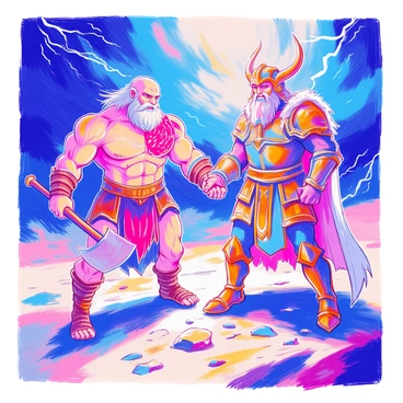 A dramatic scene features "Kratos," with his muscular build and distinct red tattoo, standing confidently with a fierce expression. He holds his iconic Leviathan Axe tightly in his right hand, ready for battle. Opposite him stands "Odin," wearing an intricate armor and a horned helmet, with an austere yet commanding expression. The backdrop is filled with "stormy skies" swirling with dark gray clouds, and flickers of "lightning" illuminate the scene, casting shadows on their intense faces. The ground beneath them is rugged and uneven, reflecting the tension of the impending clash.