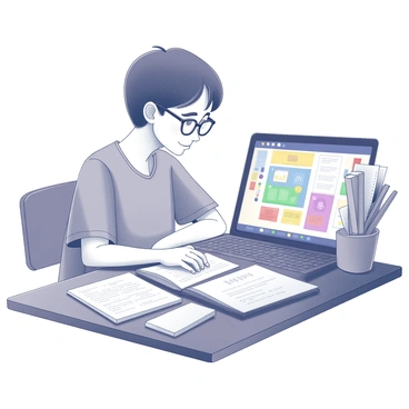 A student sitting at a desk, focused on a laptop screen displaying an educational game. The student has short hair and is wearing glasses. The game interface shows interactive elements, such as colorful icons and progress bars, indicating adaptive learning features. The room is filled with books and stationery, suggesting a study environment. Papers are scattered on the desk, indicating engagement with the material. The expression on the student's face is one of concentration and curiosity as they navigate through the game.