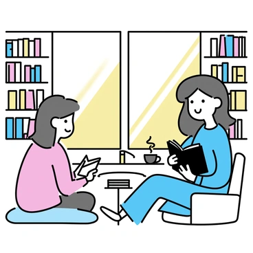 Jo and Beth are sitting in a cozy study nook, surrounded by bookshelves filled with various books. Jo, wearing a soft blue sweater and jeans, is leaning back in a comfortable chair, holding a hardcover book in her lap. She has long brown hair cascading over her shoulders. Beth, sitting cross-legged on a large cushion, is wearing a pink cardigan and reading a paperback book. Sunlight streams through a nearby window, casting warm light around them and creating a peaceful atmosphere. A small wooden side table next to Jo holds a steaming cup of tea.