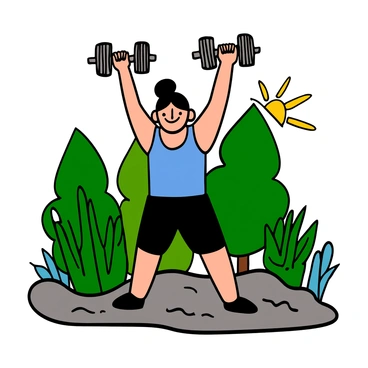A person with medium skin tone and short black hair is lifting dumbbells above their head, showcasing strength and focus. They are wearing a fitted blue tank top and black shorts. The background features a variety of lush green trees and plants, creating a vibrant outdoor environment. Sunlight filters through the leaves, casting soft shadows on the ground, enhancing the sense of an active and refreshing atmosphere.
