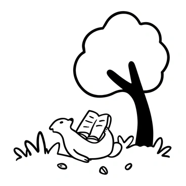 A prairie dog lying on its back on a patch of grass, holding a tiny book above its belly. A large tree with a broad canopy stands nearby, casting a shadow over the prairie dog. Several blades of grass surround the prairie dog, and there are a few fallen leaves scattered around. The book is open, displaying faint lines that suggest text printed on its pages.