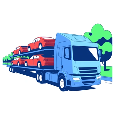 A blue large truck is transporting stacked red American cars on a highway. The truck is in the center of the image, with the cars securely arranged on a flatbed trailer. The highway stretches out in the background, bordered by green trees on both sides. The sky is clear, allowing bright sunlight to illuminate the scene and highlight the shiny surfaces of the cars. The trucks' wheels are turning as it moves forward, creating a sense of motion.